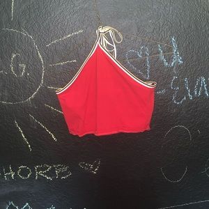 Red crop top that ties around your neck.